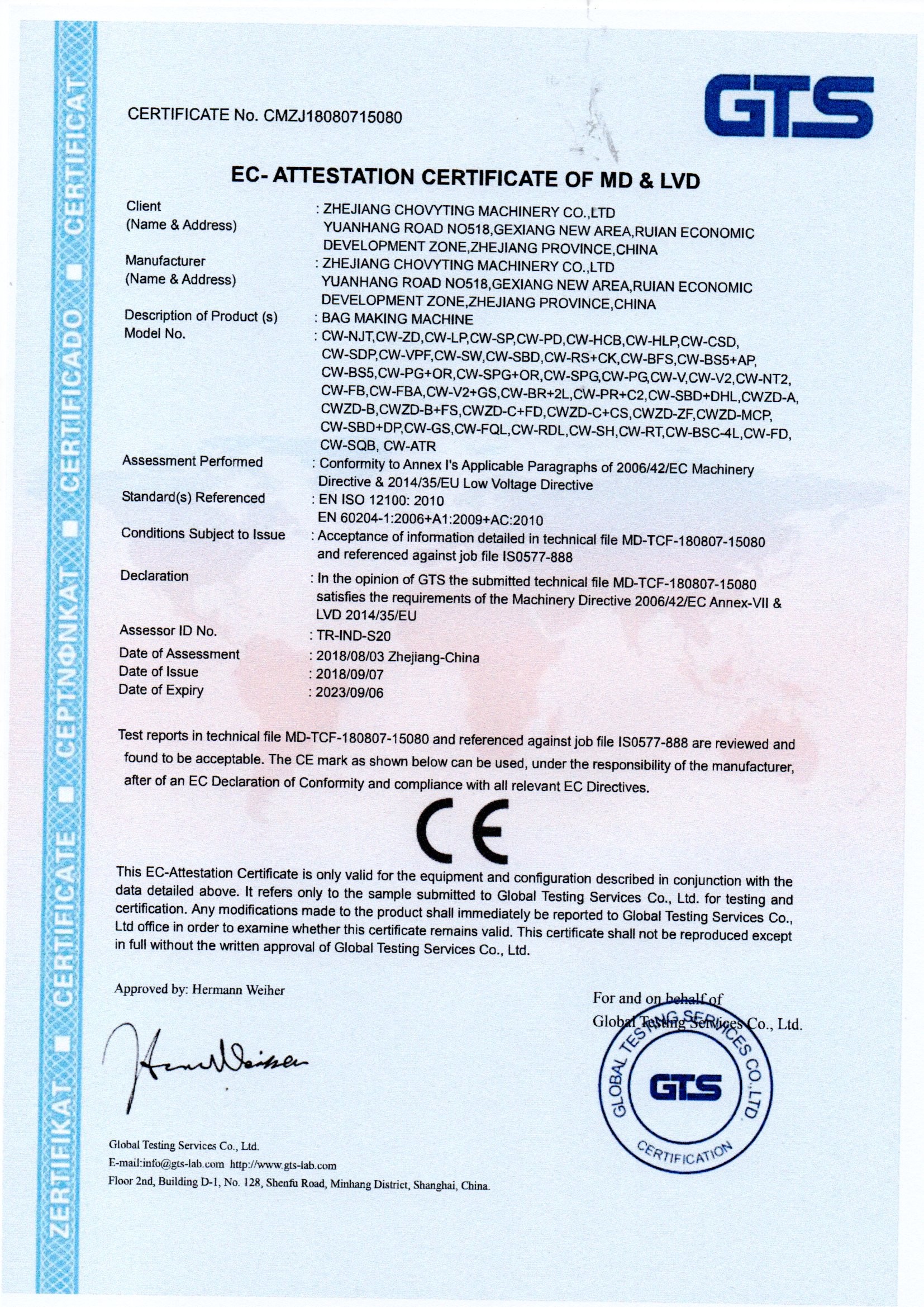 ZHEJIANG CHOVYTING MACHINERY CO., LTD Certifications