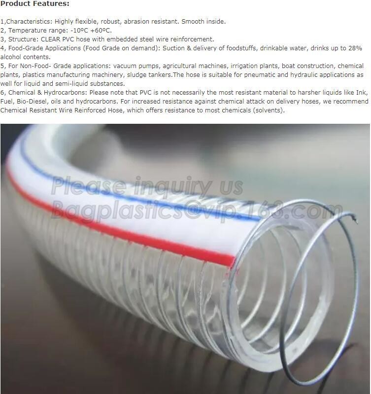  manufacture transparent pvc steel wire spiral reinforced water hose,coveying water, oil and powder in the factories, agr Manufactures