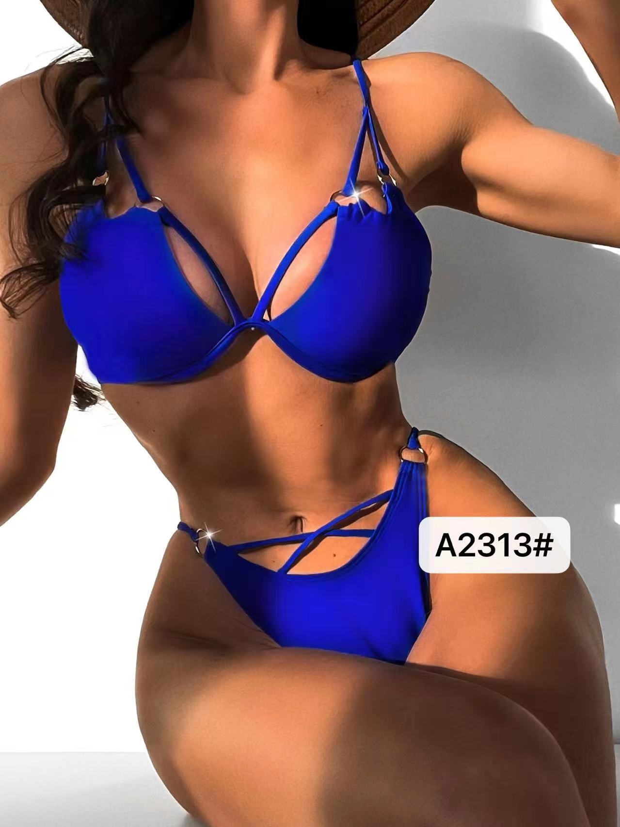 Swimming Suits Bikini Blue Europe Solid Color Sexy Factory Direct Supply High Waist  Miss Hard Wearing The New Type