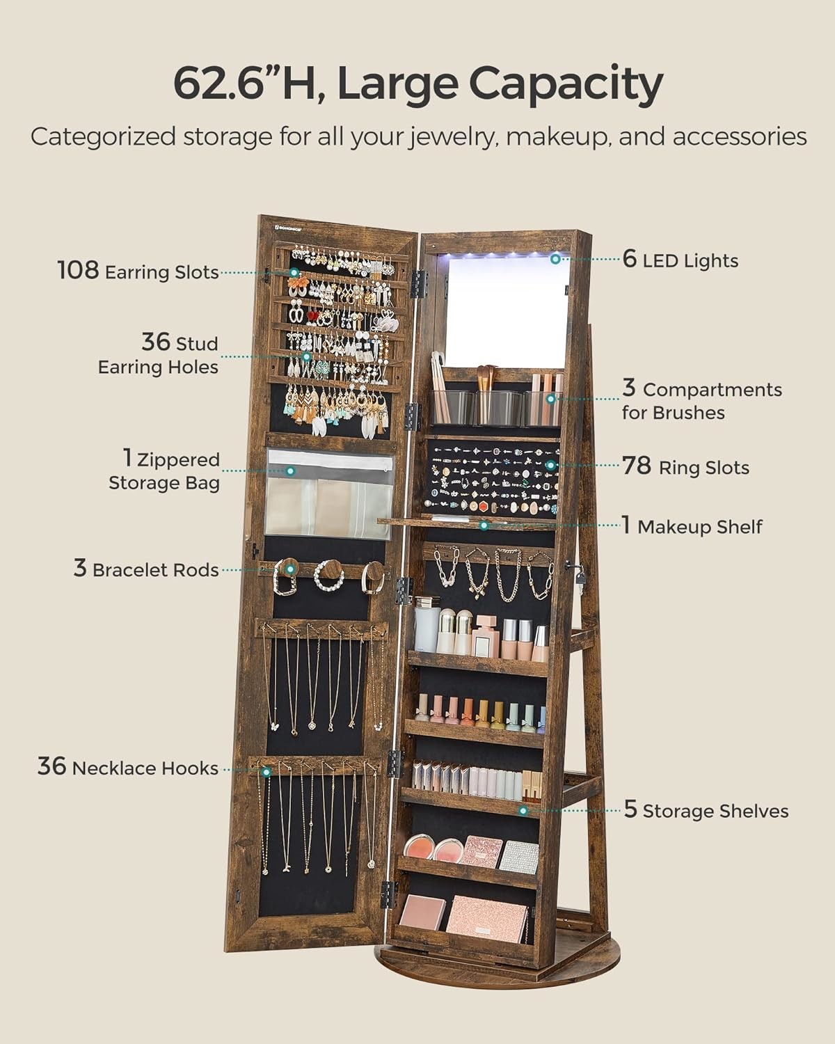 Lockable Full Length Mirror Cabinet Adjustable Lights LED Mirror Jewelry Cabinet Brown