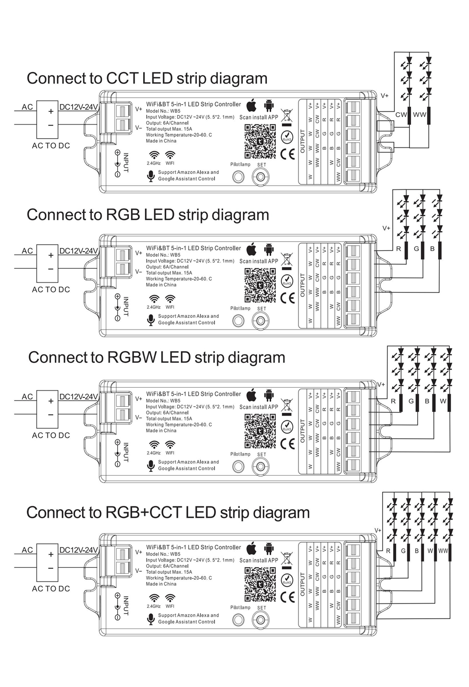 WB5 Controller LED Strip Light Parts 5CH RGB RGBW CCT Dimmer Controller