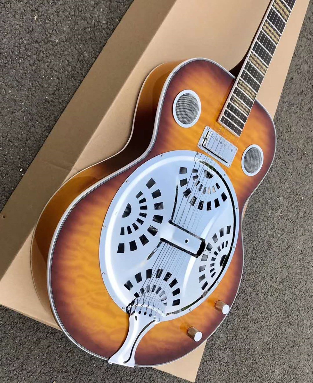 Custom Dobro Guitar with Sunburst Top Super Water Ripple Back Resonator Steel Guitar