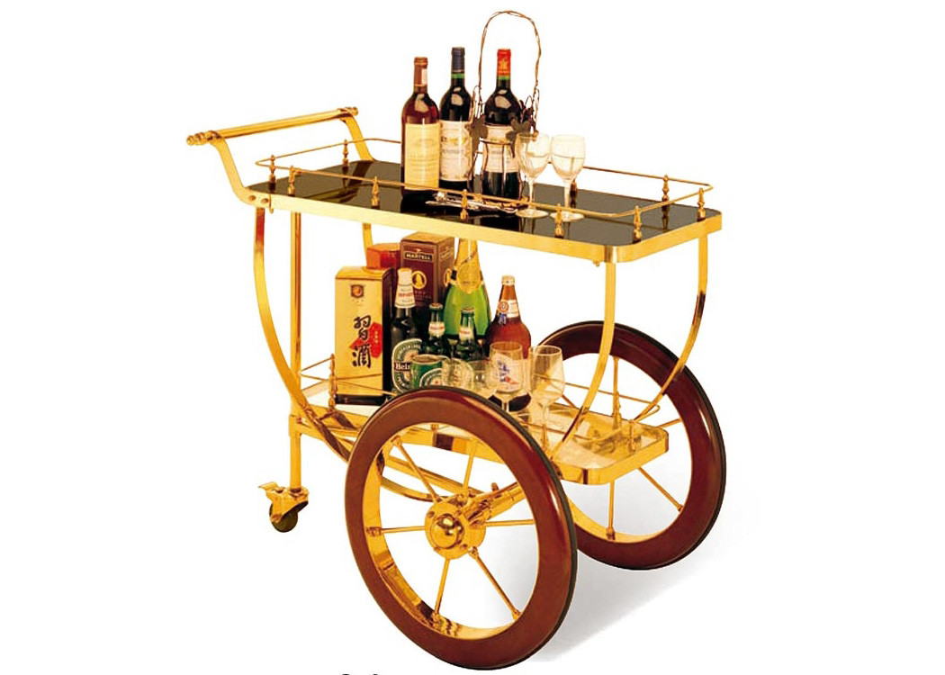 Big Wheel Room Service Equipments Wine Serving Cart Mirror - Gold Finish Fire - Proof Laminated