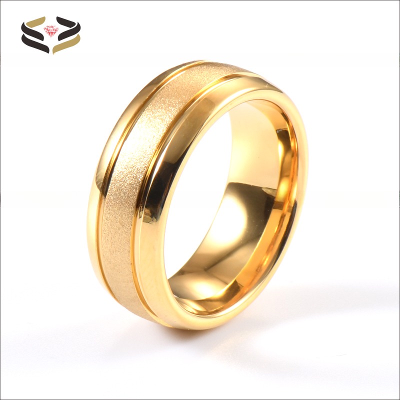 18K Gold Tungsten Ring Sandblasted Center Two Grooved Polished Dome Edges Comfort Fit Third Party Appraisal Wedding Band