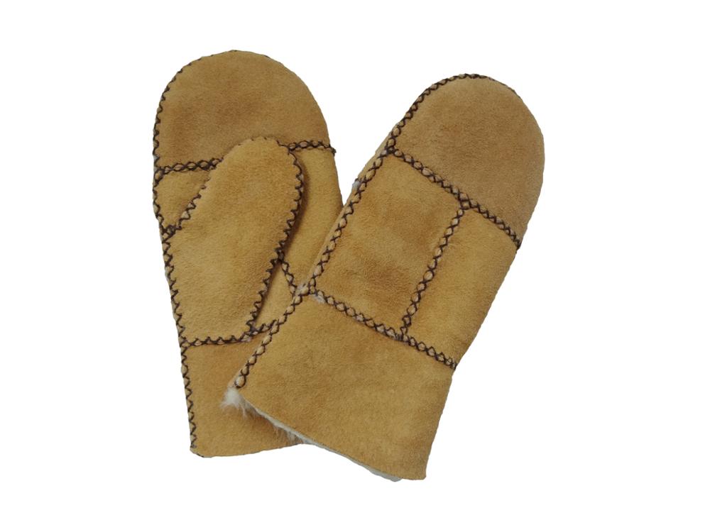 Bilberry Cheap Patched Sheepskin Lamb Fur Mittens with Belt for lady brown color