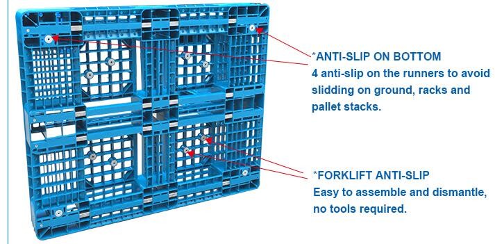 100% Virgin HDPE wear-resistant anti-slip stackable plastic pallet, China Manufacturer accept custom standard stacking p
