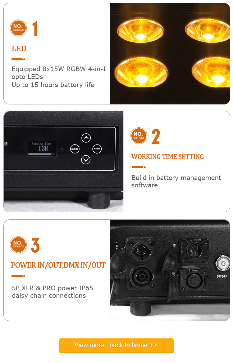 Waterproof Battery Powered City Color Wash lighting Projector 8X15W RGBW leds DMX512 Control led stage lights