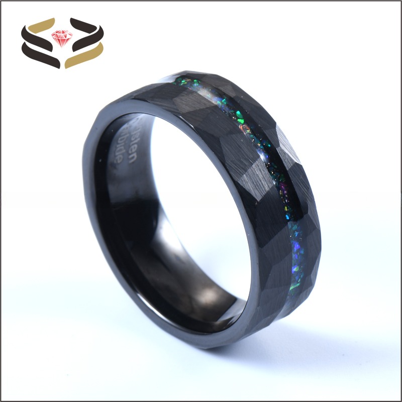 Men Faceted Black Tungsten Wedding Rings 8mm with Pearl Type Inlay Galaxy Opal Inlay