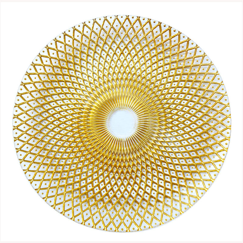 Gold Rim Mirror Charger Plate For Wedding Event Diamond Rhinestones 15 Inch