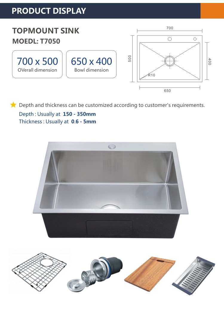 Rectangular 16 Gauge 30 Single Bowl Top Mount Kitchen Sink 70x50