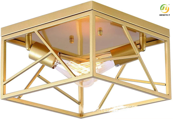 Retro Trapezoidal Farmhouse Ceiling Lamp Wrought Iron Imitation Wood Paint