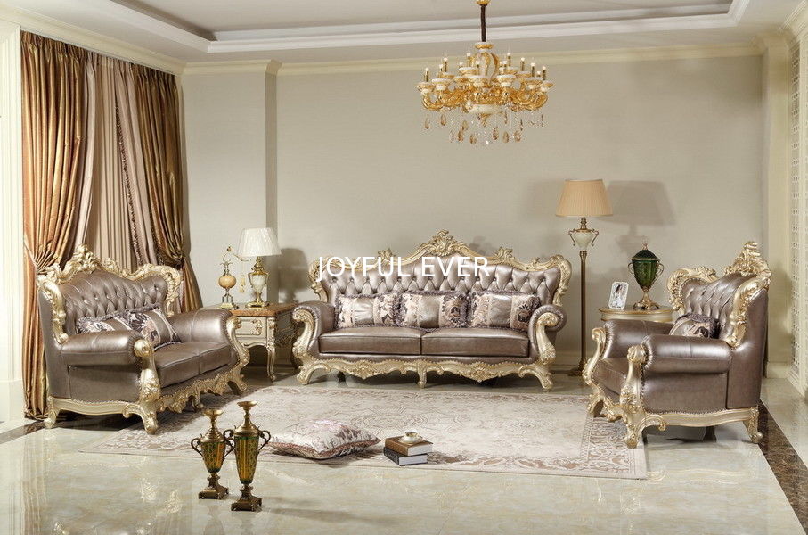 French style Luxury design of Living room Sofa sets 1+2+3 used Beech wood Carving and Import Italy Leather Furniture