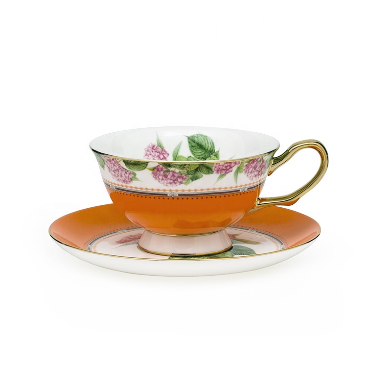 Pink Floral Design Porcelain Cups Decal Luxury Coffee Tea Cup And Saucer With Colorful Rim