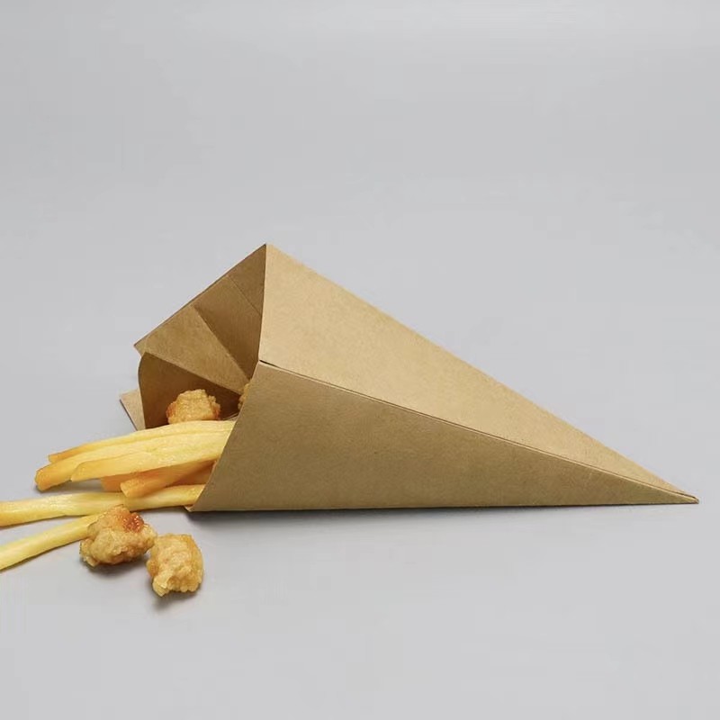 Custom Print Logo Biodegradable Paper Triangle Packaging Waffle Cone Holder Crepe Take Away Box