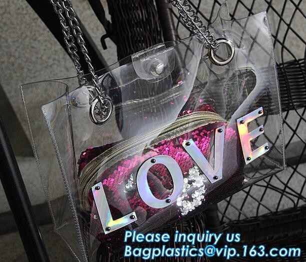 luxury handbag women chain shoulder bag clear PVC plastic tote bag, Tote Bag Clear Shoulder PVC Bag with Zipper, pac, ba