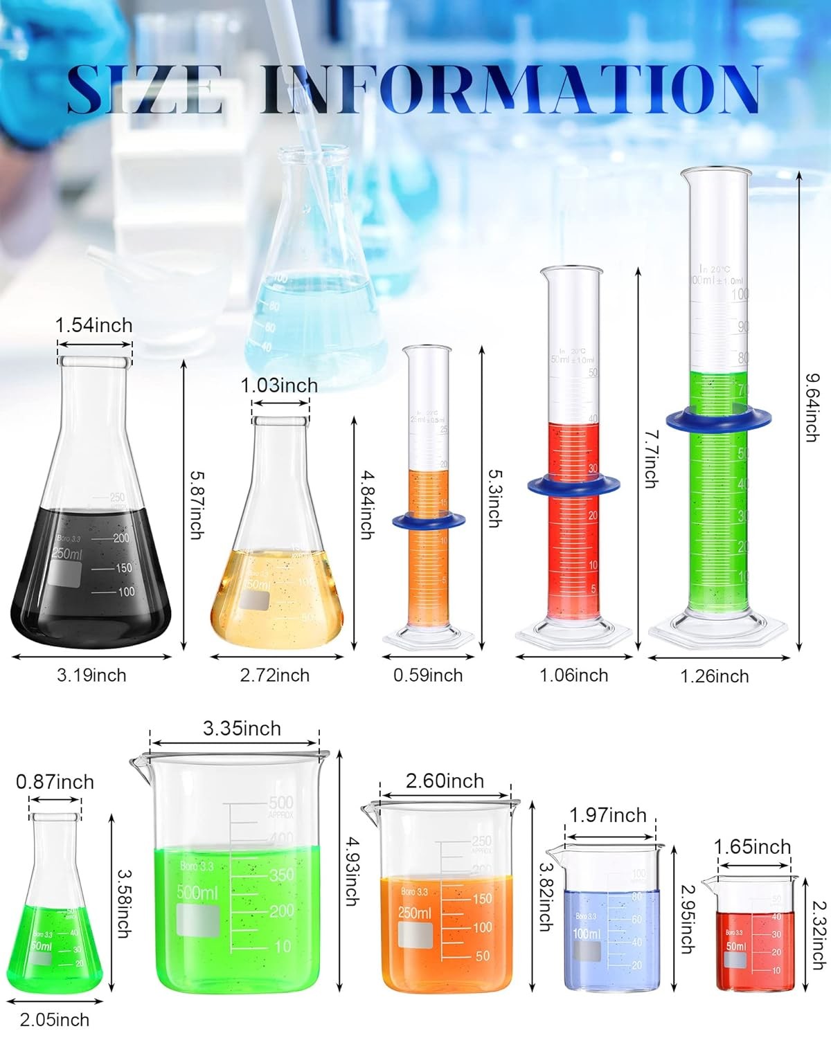 Lab Glassware Set Beaker Flask Cylinder Set Includes Erlenmeyer Flasks, Glass Beakers, Graduated Measuring Cylinders