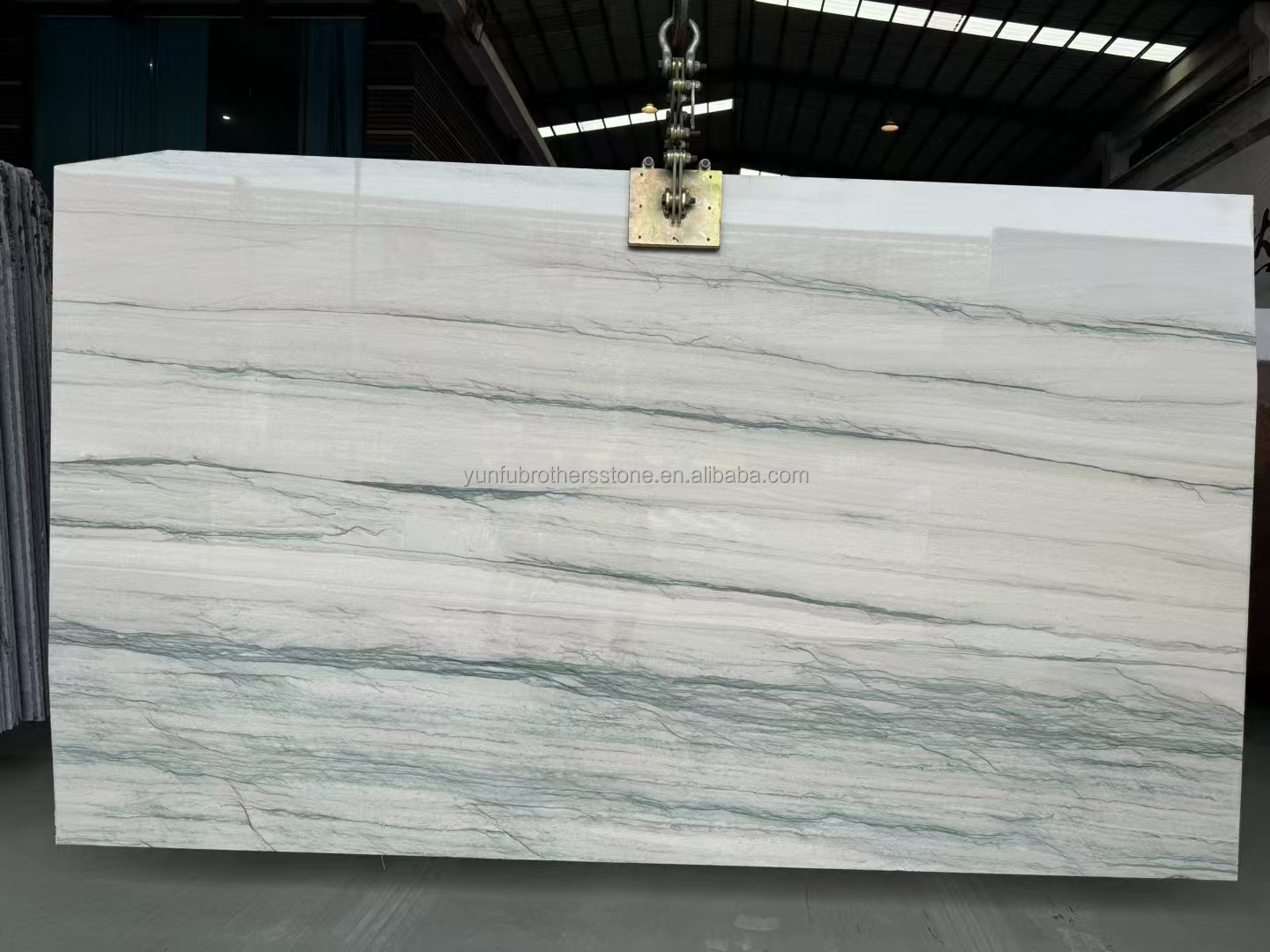 Modern Kitchen Floor and Stair White with Green/Grey Veins Calacatta Marble Book Match Table Countertop