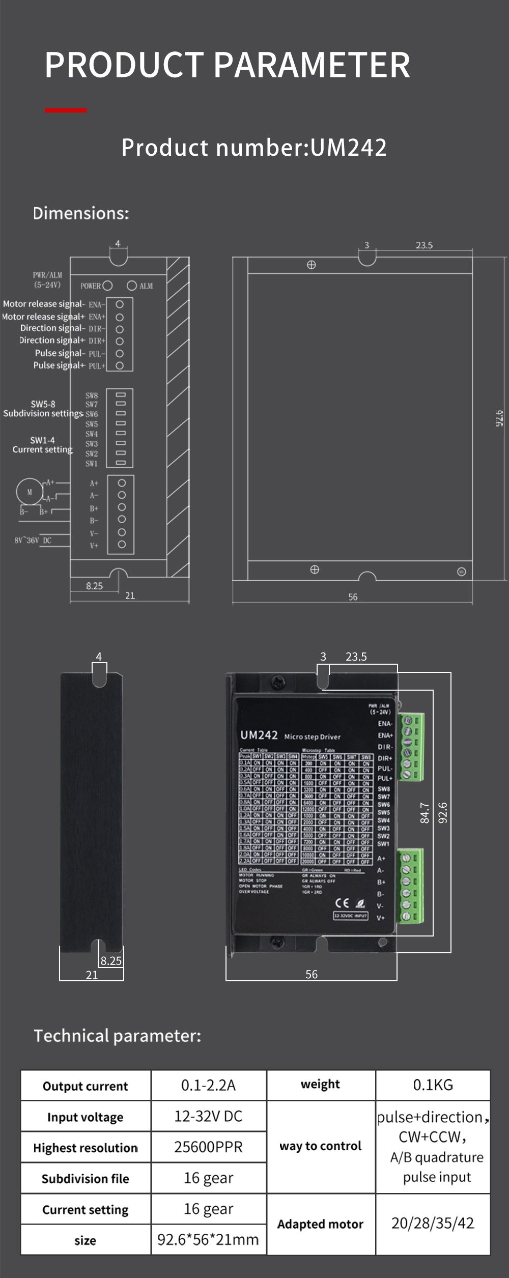 Nema8/11/14/17/23/24/34 Closed Loop Stepper Motor Driver for 0-90V DC Input Voltage