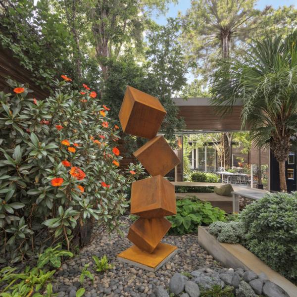 Modern Outdoor Garden Cube Tower Sculptures Rusty Abstract Corten Steel Metal