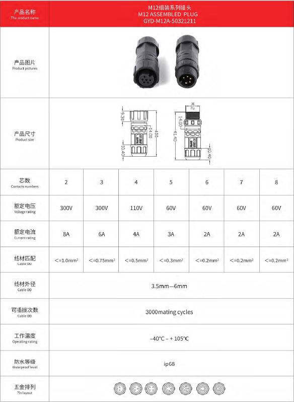 Push Locking M12 Assembled Waterproof Circular Connector