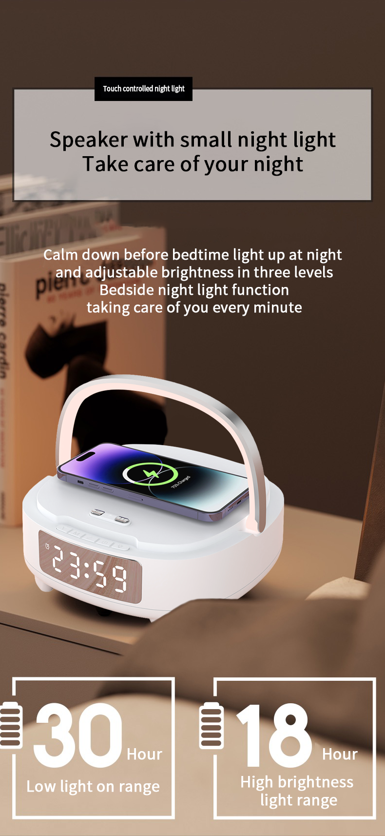 15W Phone Stand Wireless Charger Fast Phone Charging Alarm Clock Bt Speaker For Bedroom