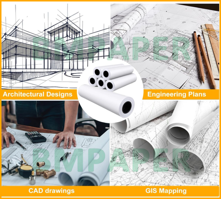 20# Plain White Bond Paper Roll For Wide Format Inkjet Printers 24 In x 150 Ft
