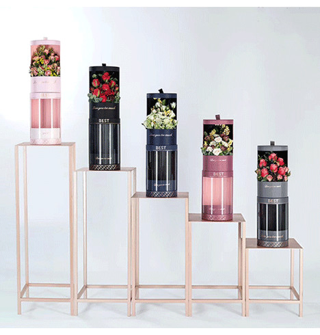 CMYK Printed Cylinder Shape Gold Stamping Logo Pink Flower Packaging Box for Roses