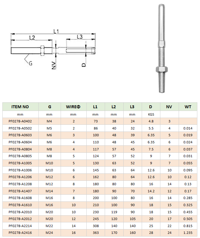 Polished Swage Stud Terminal Thread Rigging Stainless Steel 304/316