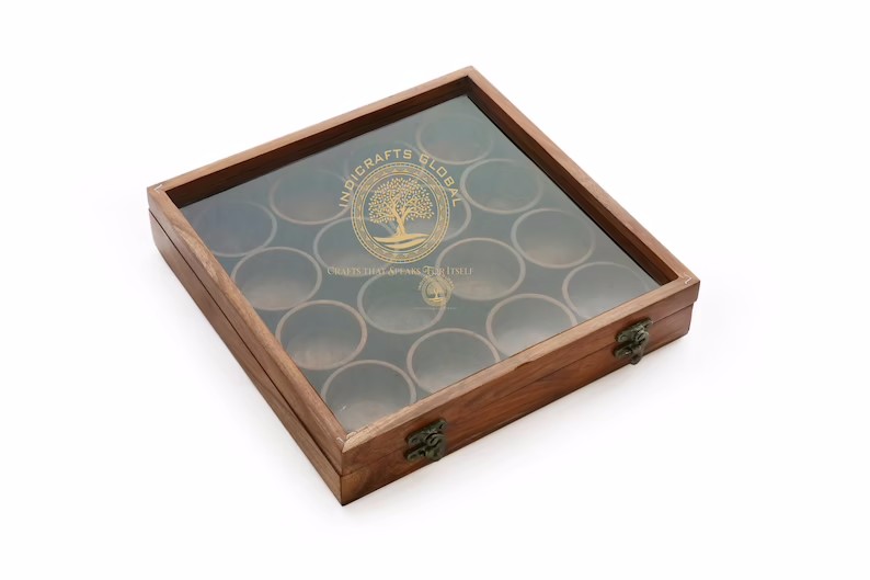 Wooden Handcrafted Spice Box with 16 Round Compartments & Spoon, Wood Spice Box Set Mother's Day Gift