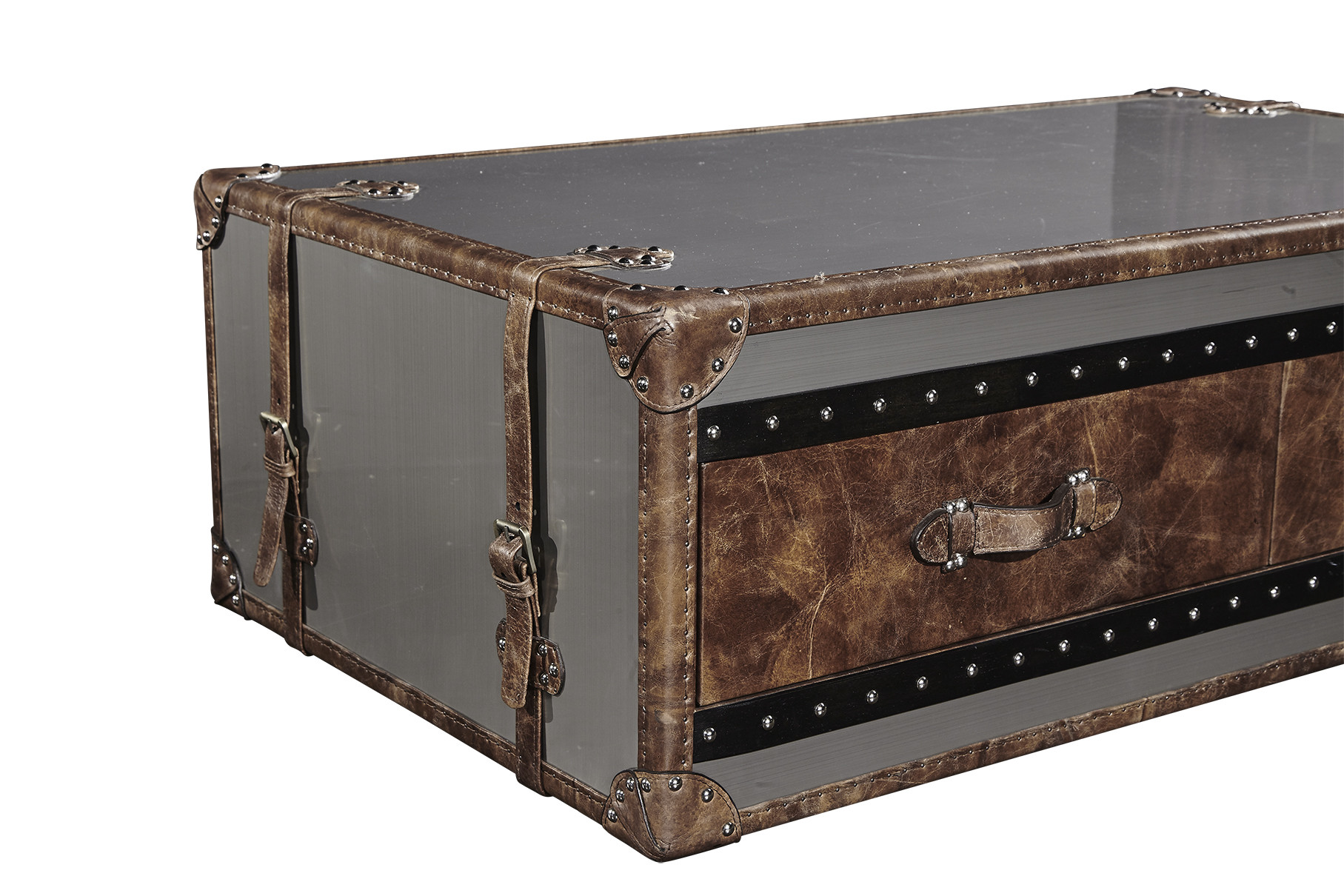 Stainless Steel Side Coffee Table 1.3M Length 4 Drawers Top Genuine Leather Handle