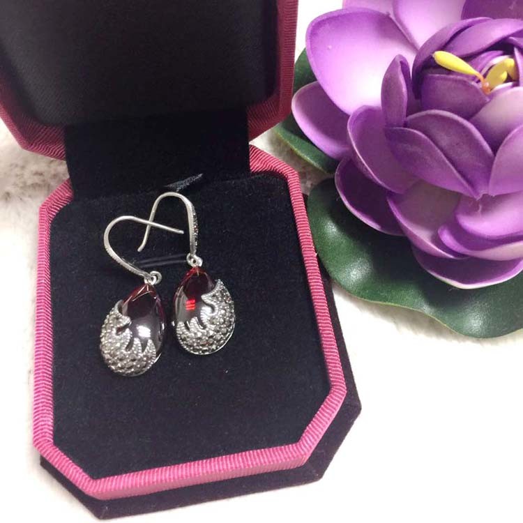 Vintage Sterling Silver Created Garnet with Marcasite Dangle Drop Earrings(E12033RED)