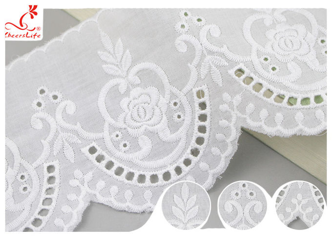 Cream Embroidered Eyelet Cotton Lace Trim Border With Floral Pattern SGS Verified