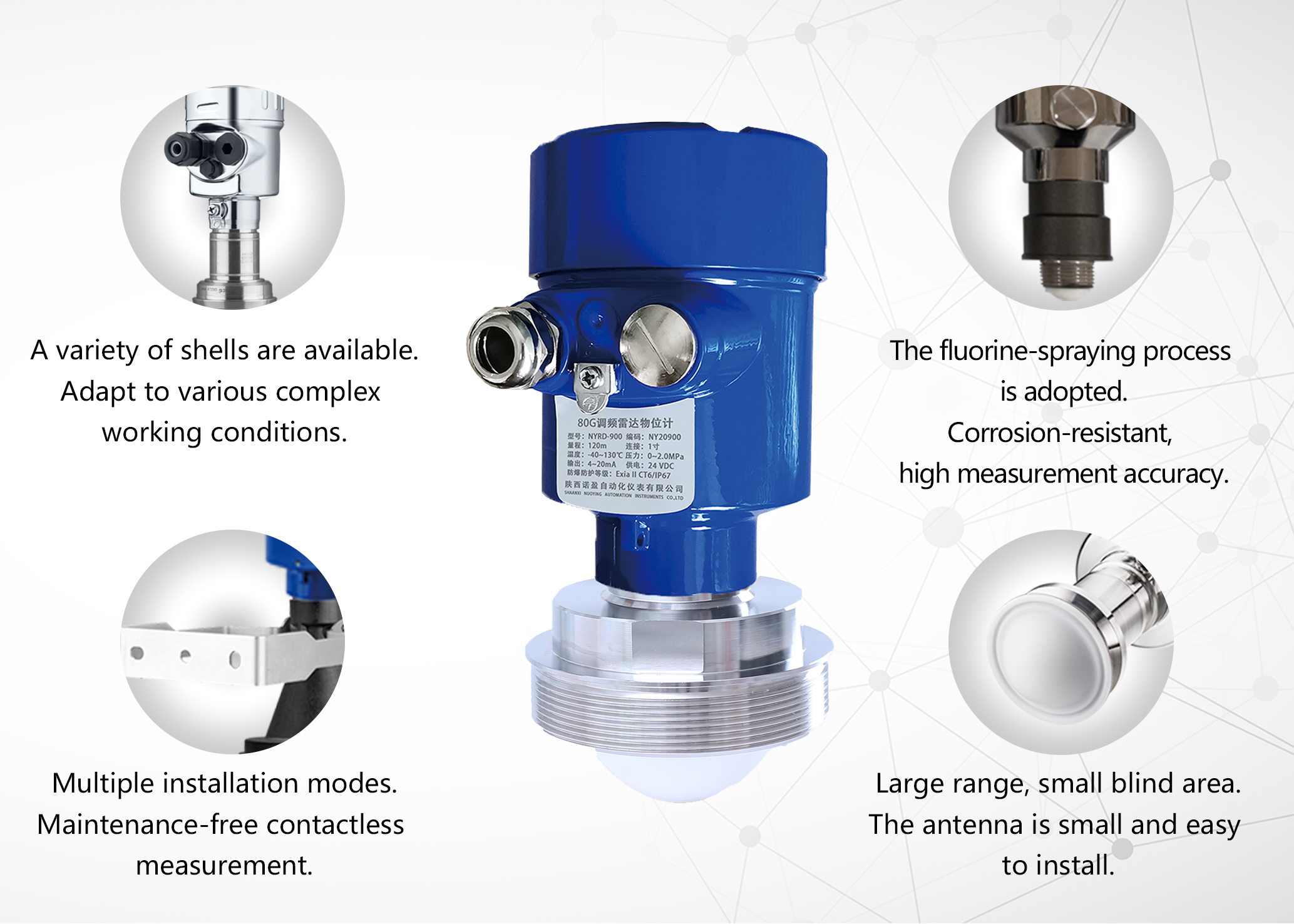 Industrial 80GHz High Precision Radar Level Transmitter 4-20mA Output for Liquid Aluminum Thread Install