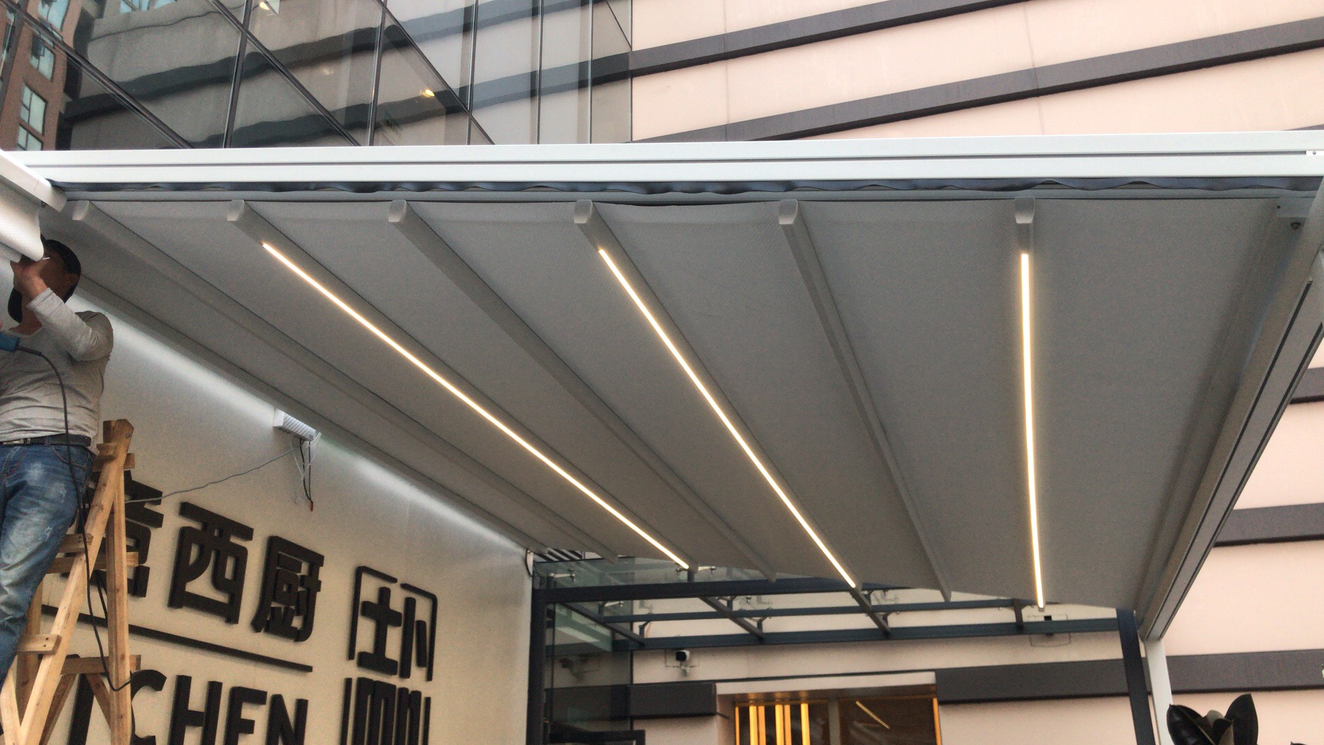 Outdoor electric LED retractable roof pergola and pergola components