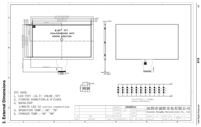 1024×600 Rgb CH900WS01A TFT LCD Display 50 Pin Thin Film