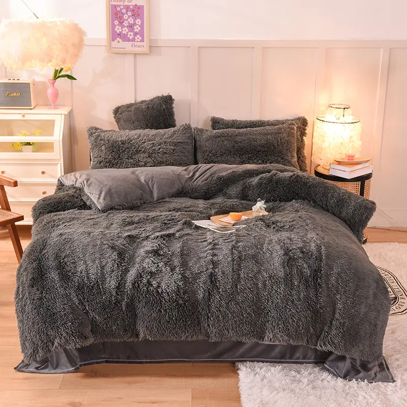 4 Pcs Queen Size Duvet Cover Set with Satin Skirt and Cotton Velvet Bedding Materials