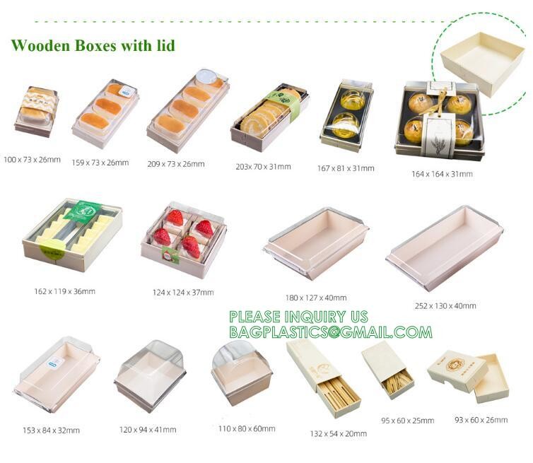 Wooden Food Packaging Box Cake Dessert Container With Plastic Cover, Take Out Pastry Cake Lunch Sushi Tray