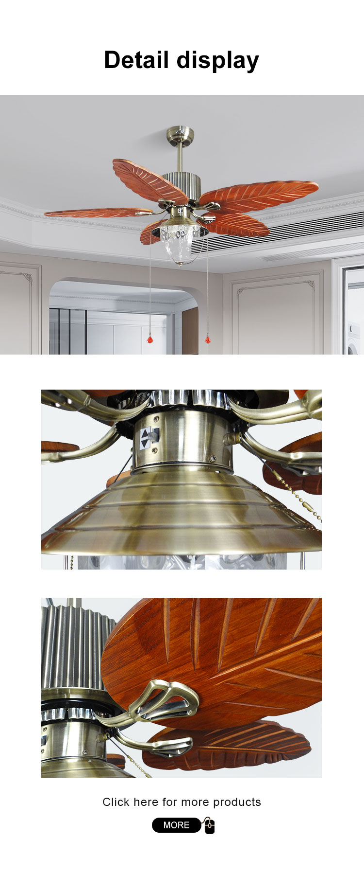 52 Inch Nature Wood Ceiling Fan with Pull Chain Switch and Tropical/America Rustic Style