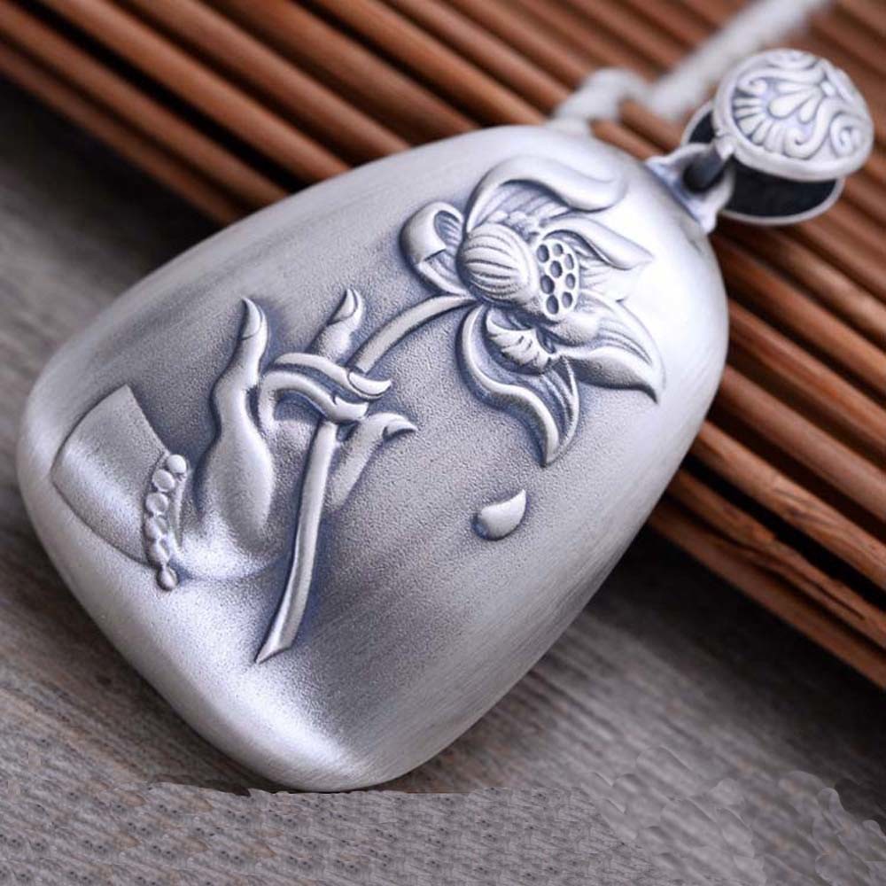 Women Engraved Sutra Flower Sterling Silver Drop Pendant Necklace Buddhist Jewelry (N808063)