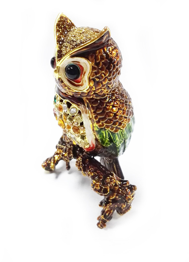 Beautiful owl handpaint metal jewelry box rhinestone owl birds enamel trinket boxes
