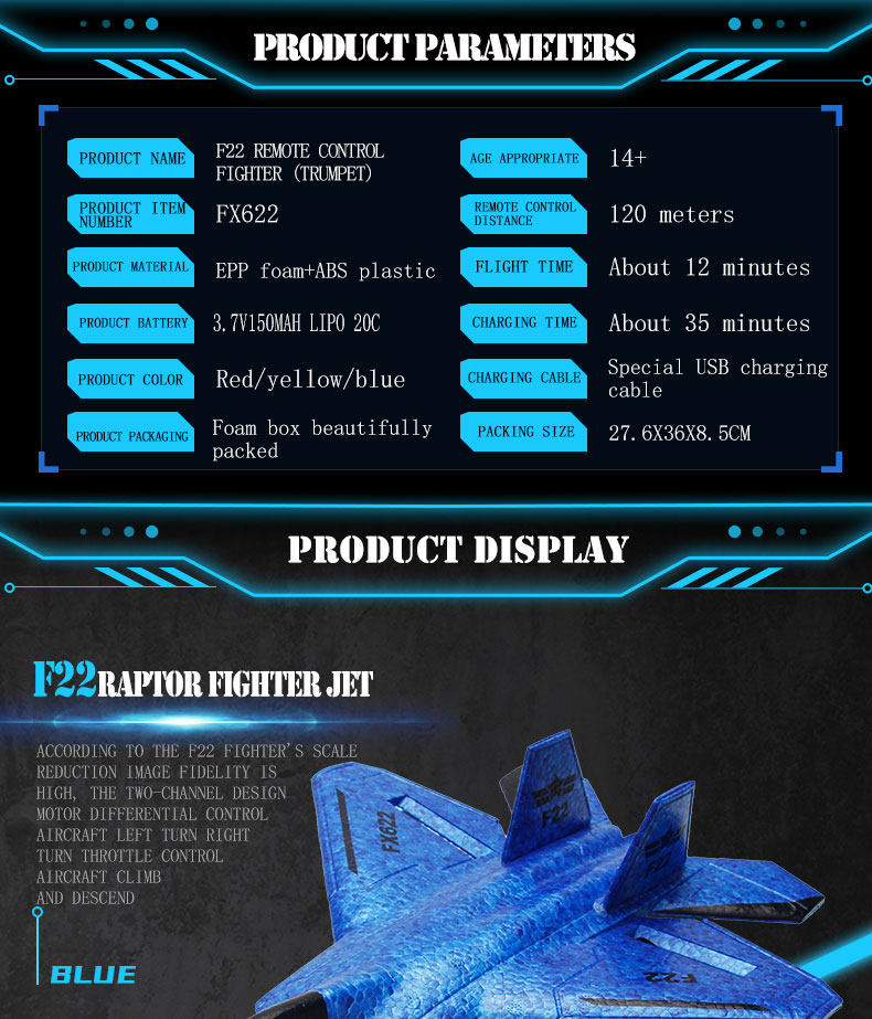 Experience the Excitement of Fx622 F22 Raptor Fighter Jet 2.4G 2CH EPP RC Airplane with LED Lights Age Range 5-7 Years