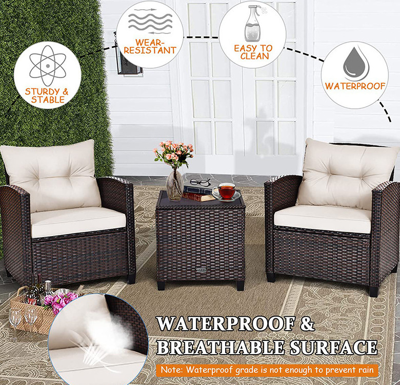 3pc Patio Wicker Bistro Conversation Patio Balcony Poolside-2 Cushioned Armchairs Glass Topped Table Outdoor Rattan Sofa