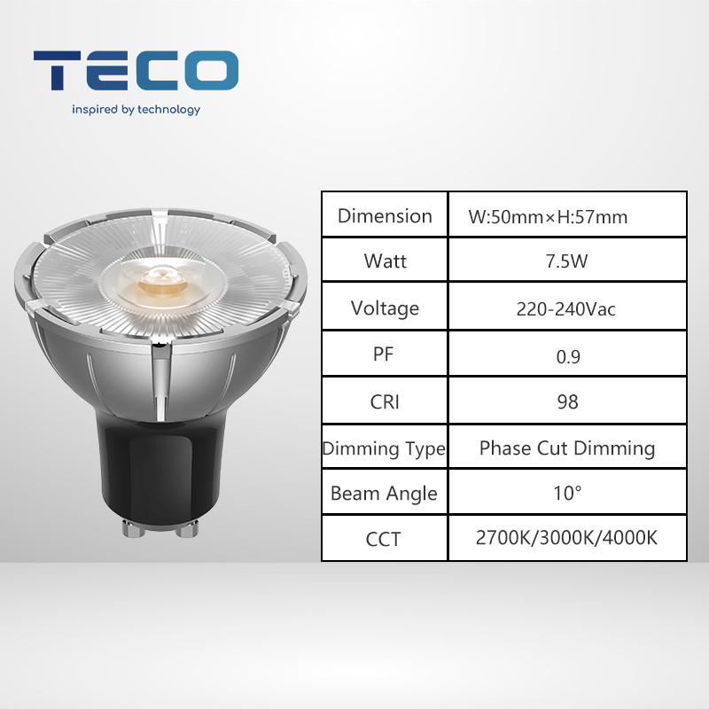 Teco Premium GU10 Pro Dimmable LED Spotlight 7.5W 3000K Warm White Narrow Beam Angle 10Degree
