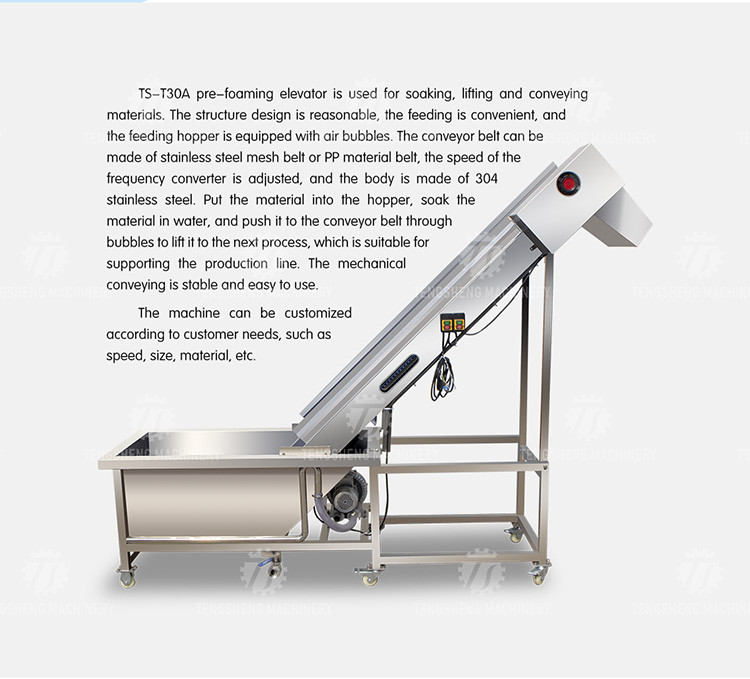 Lifting and conveying of fruit and vegetable pre-foaming materials for supporting equipment of operation line