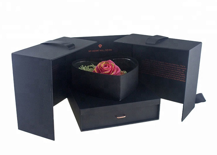 Heart Shape Flower Gift Box With Drawer Double Opening Ribbon Decoration