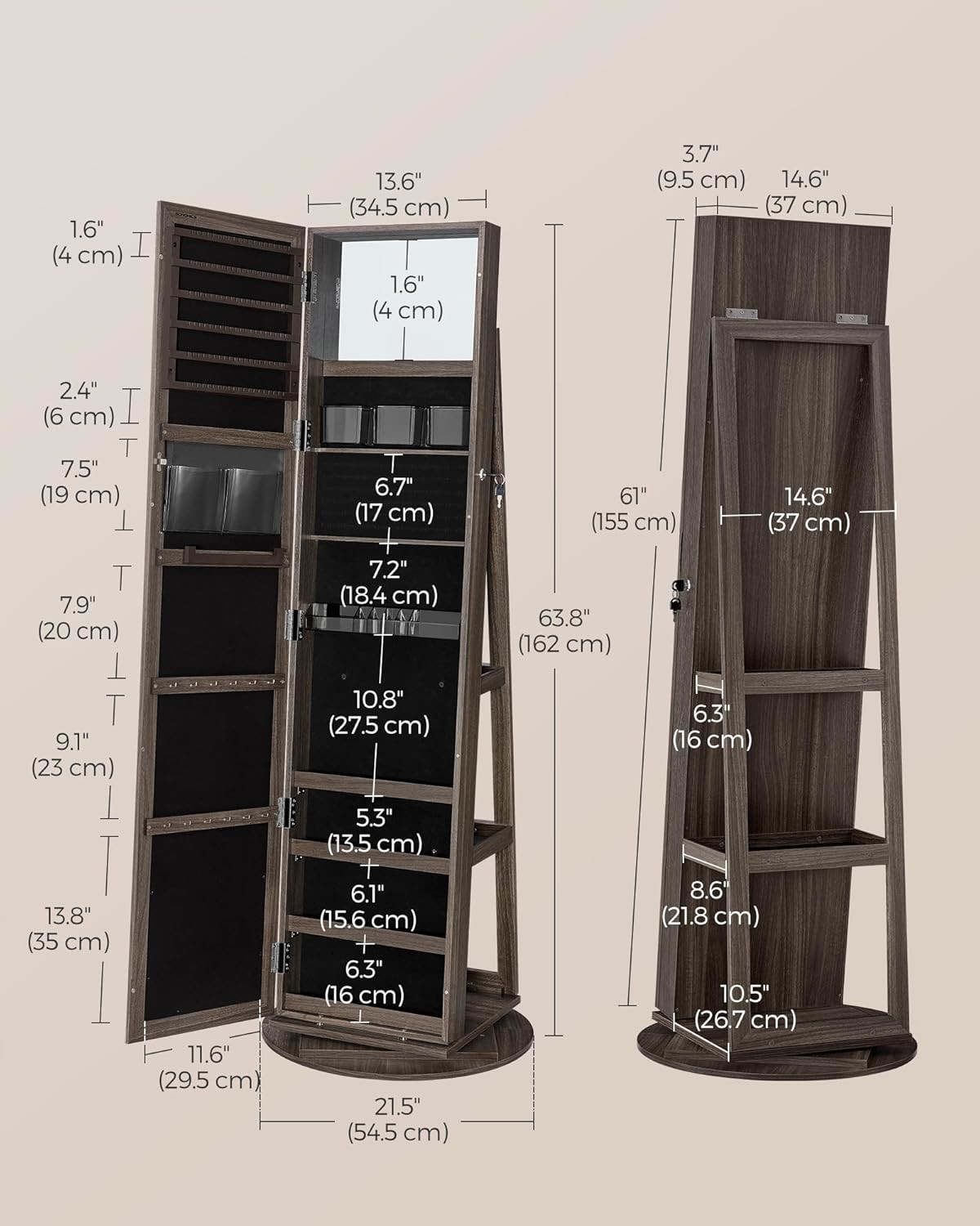 Brown 360° Swivel Jewelry Cabinet Rectangle Standing Mirror With Storage