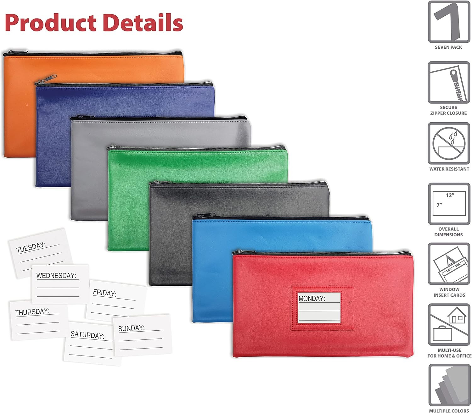 Zipper Security Bank Deposit Bag, Clear Window & 14 Insert Cards Cash Bag, Utility Pouch, Assorted 7 Colors