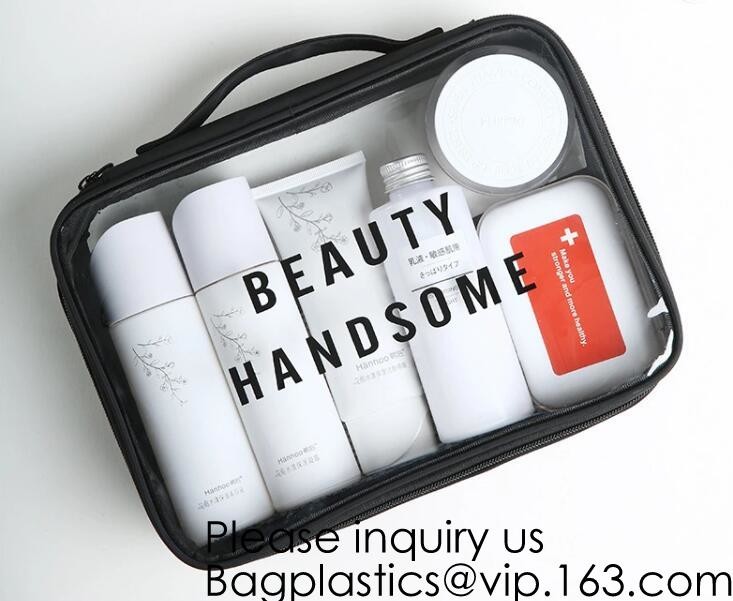 Clear Zipper Pouch with Strap Makeup Bag PVC Cosmetic Pouch,Printing Clear Zip lockk Cosmetic PVC Pouch, bagease, bagplast