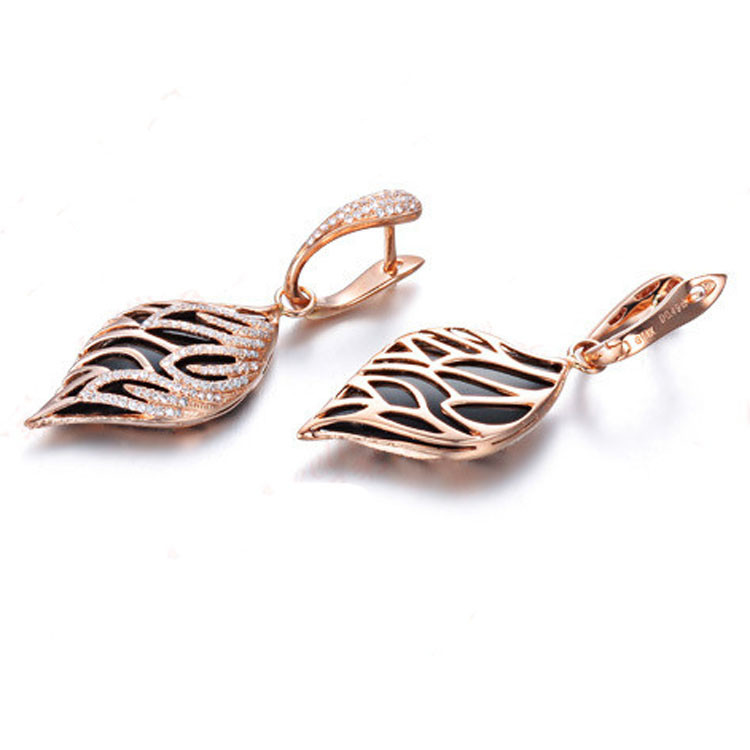 18K Rose Gold Black Onyx Diamonds Ring Pendant Earrings Jewelry Set (GDSET002)