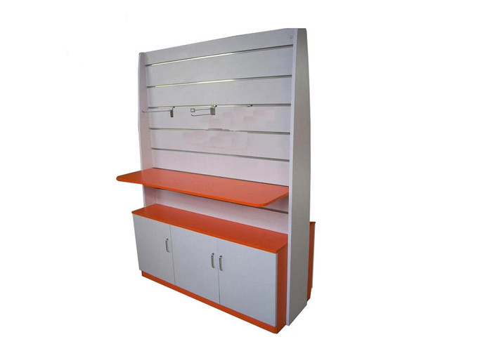 Multi - Funcutional Slatwall Display Stand With Stand Wooden Cabinet For Advertisment Exhibition